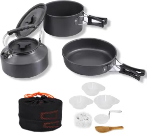 Versatile Camping Pot Pan Set Portable Bowl Tableware Cookware Frying Heat-Resistant Non-Stick Lightweight Outdoor Cooking Black