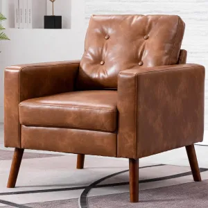 VESCASA Tufted Accent Arm Chair with Wood Legs, PU Faux Leather Comfy Upholstered Single Sofa, Mid Century Modern Side Club Leisure Chair for Reading/Living Room/Bedroom, Caramel