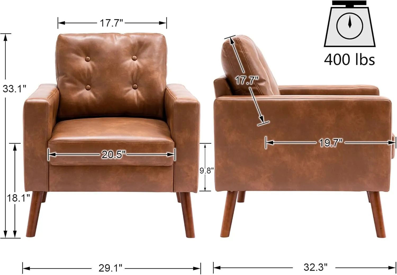 VESCASA Tufted Accent Arm Chair with Wood Legs, PU Faux Leather Comfy Upholstered Single Sofa, Mid Century Modern Side Club Leisure Chair for Reading/Living Room/Bedroom, Caramel
