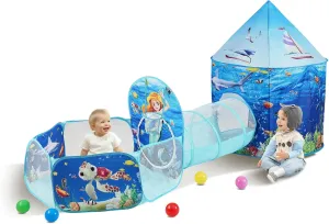 VEVOR 3 in 1 Kids Play Tent with Tunnel, Basketball Hoop for Boys, Girls, Babies and Toddlers, Indoor/Outdoor Pop Up Playhouse with Carrying Bag & Banding Straps Birthday Gifts, Blue Ocean