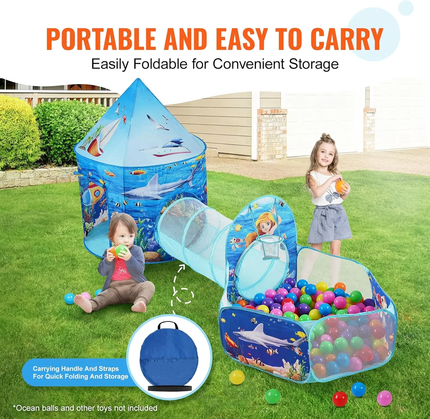 VEVOR 3 in 1 Kids Play Tent with Tunnel, Basketball Hoop for Boys, Girls, Babies and Toddlers, Indoor/Outdoor Pop Up Playhouse with Carrying Bag & Banding Straps Birthday Gifts, Blue Ocean