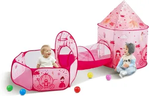 VEVOR 3 in 1 Kids Play Tent with Tunnel for Girls, Princes, Boys, Babies and Toddlers, Indoor/Outdoor Pop Up Playhouse with Carrying Bag & Banding Straps as Birthday Gifts, Magenta Color