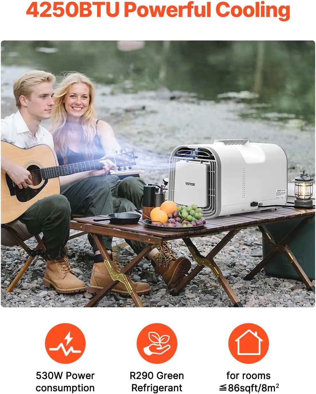 VEVOR Portable Air Conditioner, 4250 BTU 3-Speed Air Conditioning Unit with 24H Timer, Air Portable AC Adjustable from 16-32℃, Compatible with AC/DC, for Outdoor Tent Camping, RVs or Home Use, White