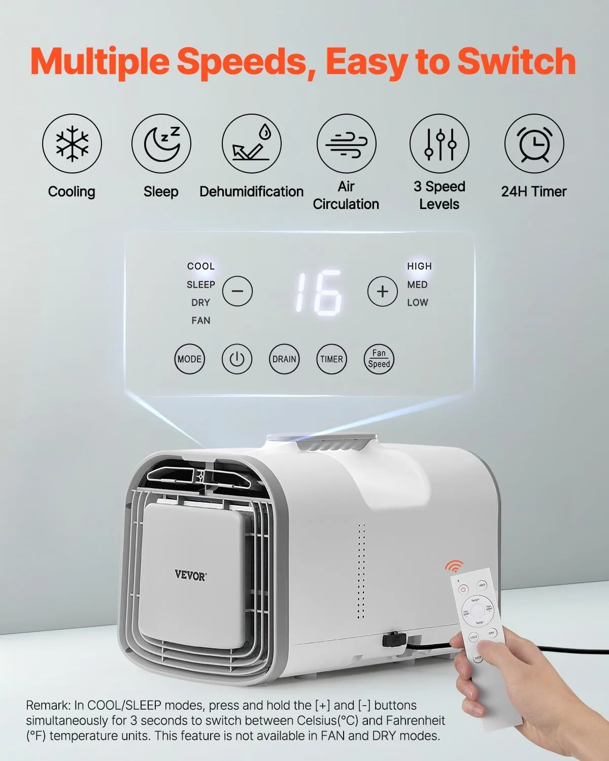 VEVOR Portable Air Conditioner, 4250 BTU 3-Speed Air Conditioning Unit with 24H Timer, Air Portable AC Adjustable from 16-32℃, Compatible with AC/DC, for Outdoor Tent Camping, RVs or Home Use, White