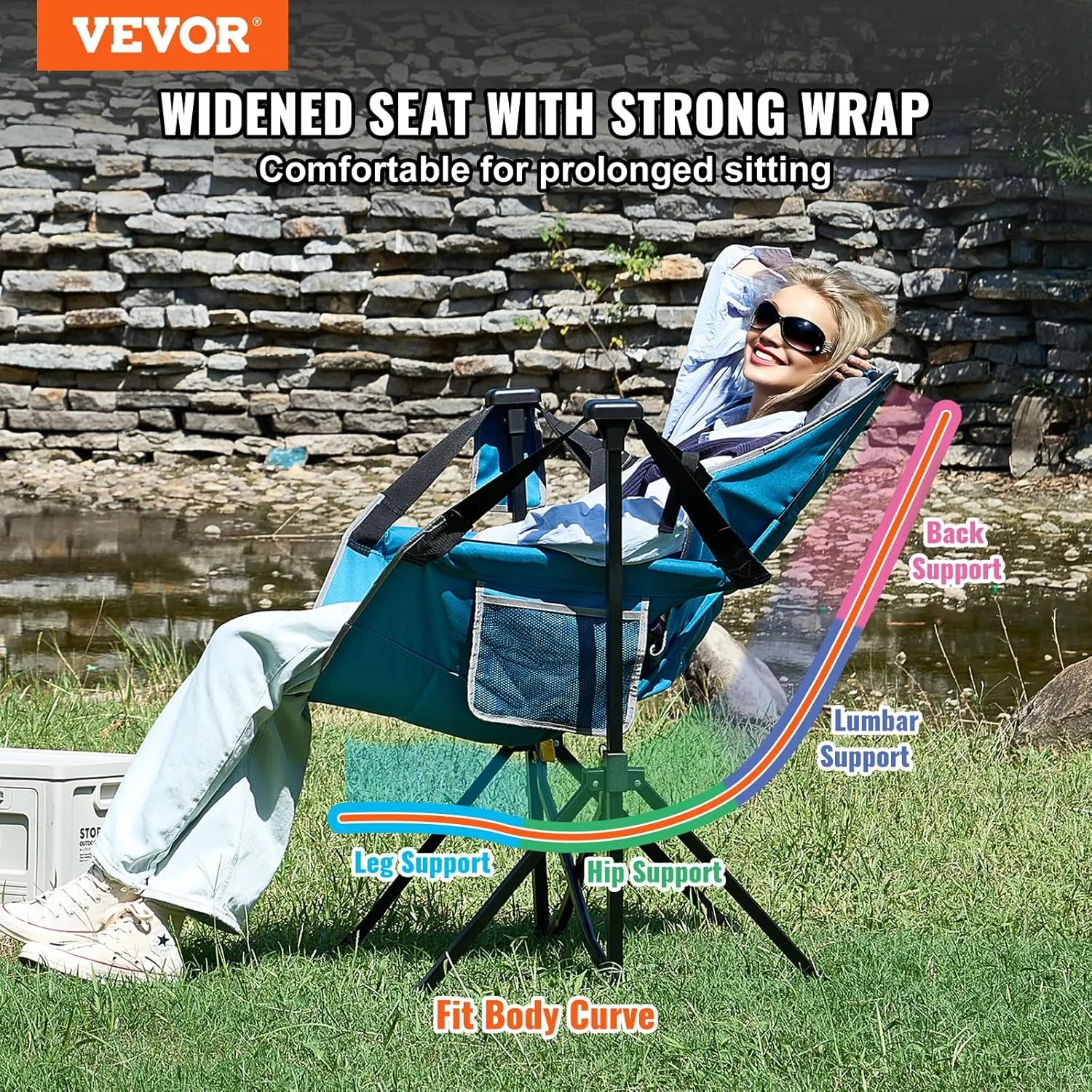 VEVOR Reclining Camping Chair, 300 lbs Load Camping Hammock Chair, Rocking Lounge Folding Chair with Cup Holder Storage Bag Headrest & Adjustable Backrest, for Camping and Other Outdoor Activities
