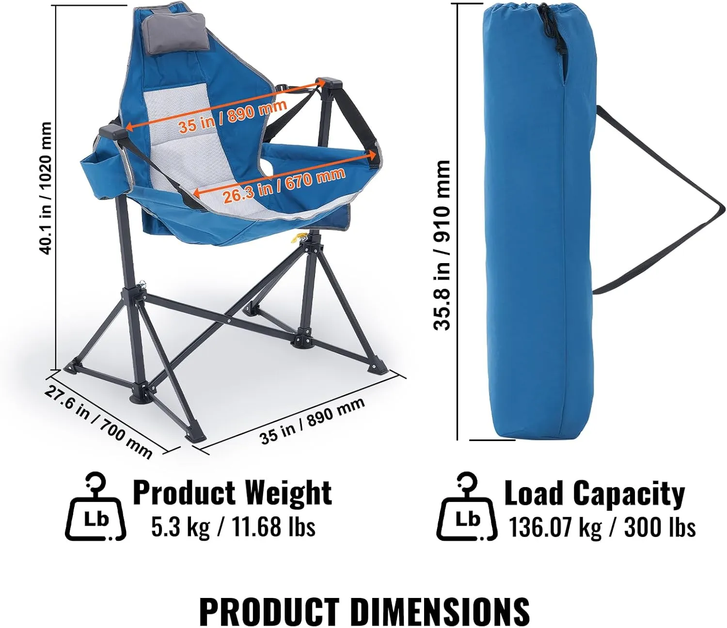 VEVOR Reclining Camping Chair, 300 lbs Load Camping Hammock Chair, Rocking Lounge Folding Chair with Cup Holder Storage Bag Headrest & Adjustable Backrest, for Camping and Other Outdoor Activities