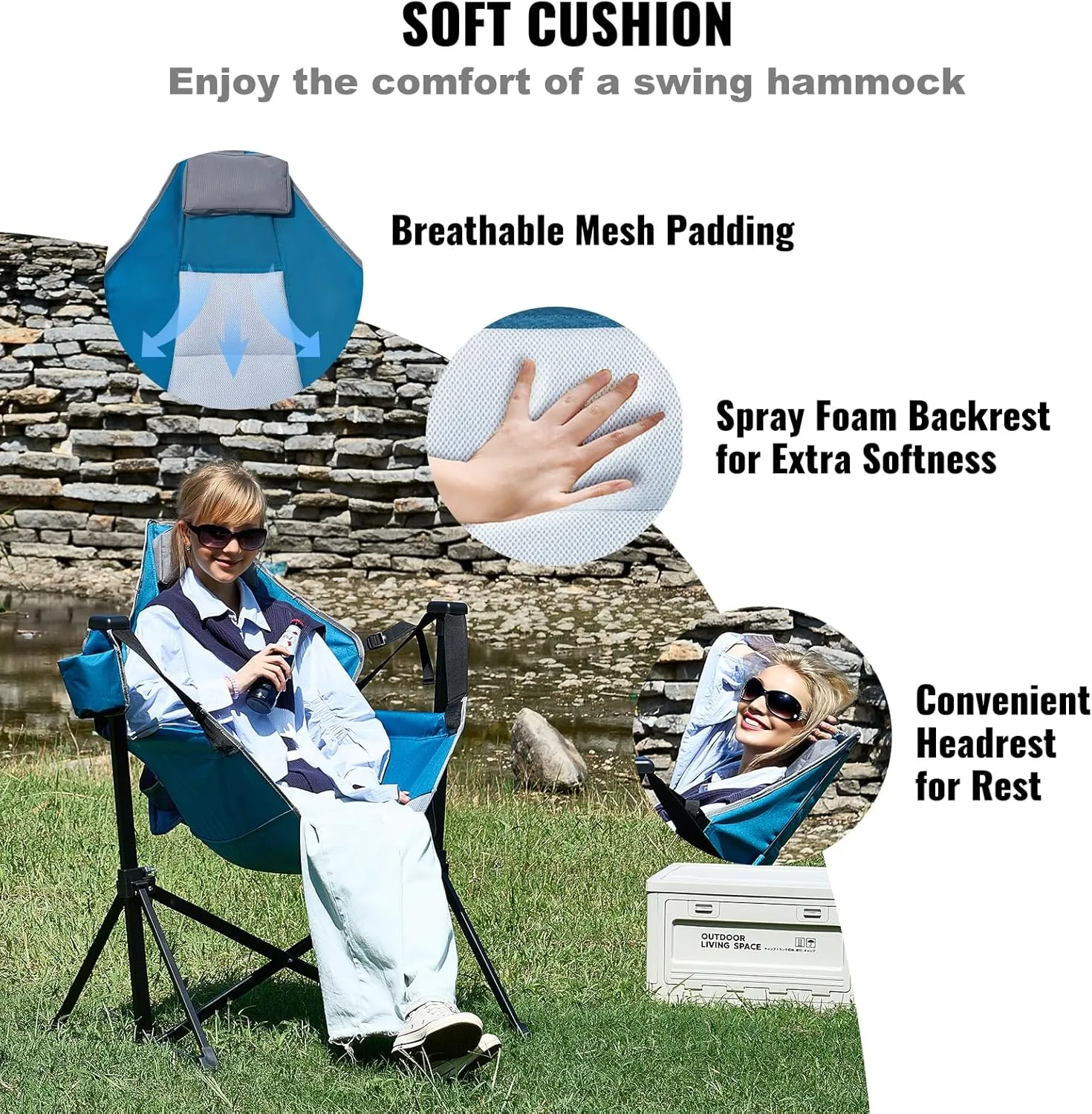 VEVOR Reclining Camping Chair, 300 lbs Load Camping Hammock Chair, Rocking Lounge Folding Chair with Cup Holder Storage Bag Headrest & Adjustable Backrest, for Camping and Other Outdoor Activities
