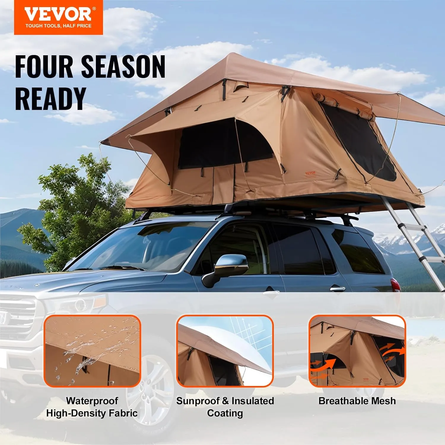 VEVOR Rooftop Tent Hard Shell, Roof Top Tent for Car SUV Truck Jeep Van Camping, Roof Tent with Telescopic Ladder Thick Mattress & LED Strip Light, 2-3 Person Family Camping Tent
