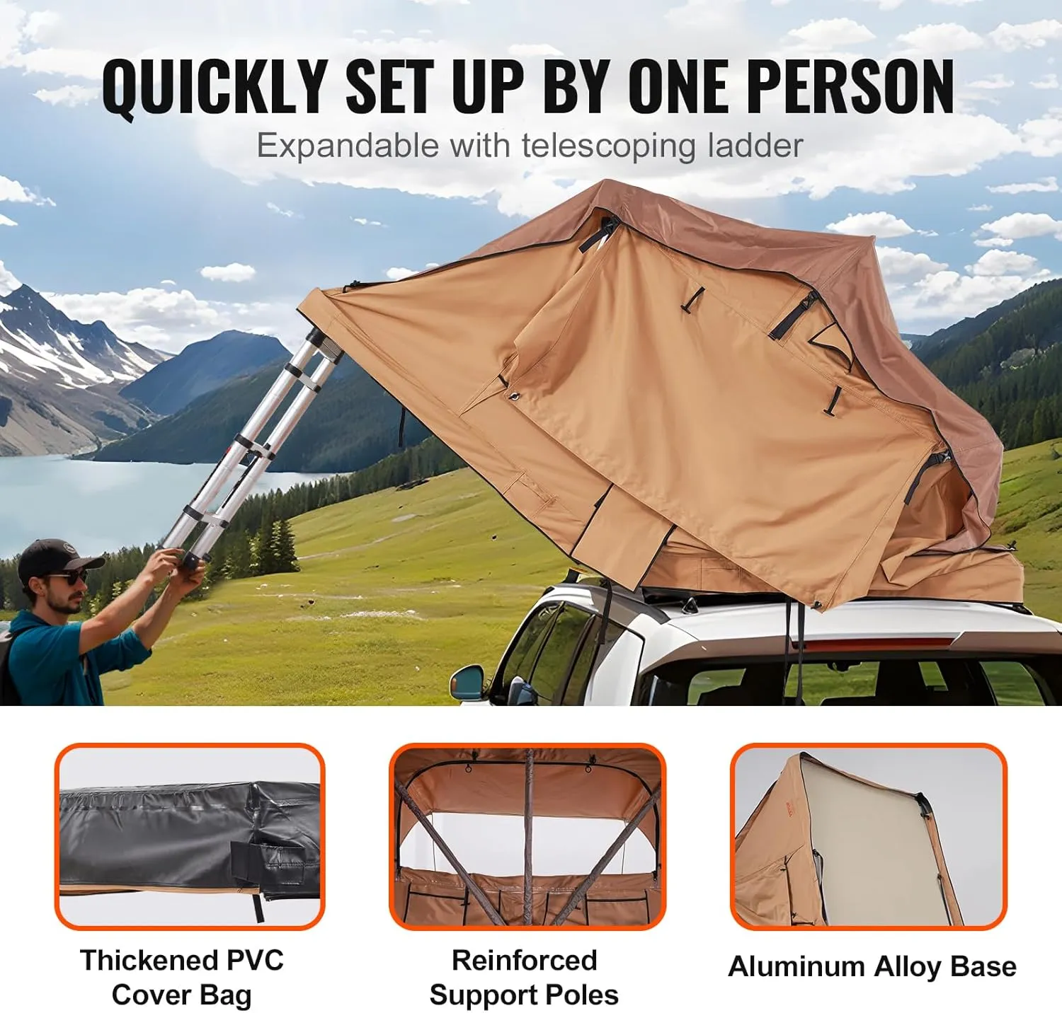 VEVOR Rooftop Tent Hard Shell, Roof Top Tent for Car SUV Truck Jeep Van Camping, Roof Tent with Telescopic Ladder Thick Mattress & LED Strip Light, 2-3 Person Family Camping Tent