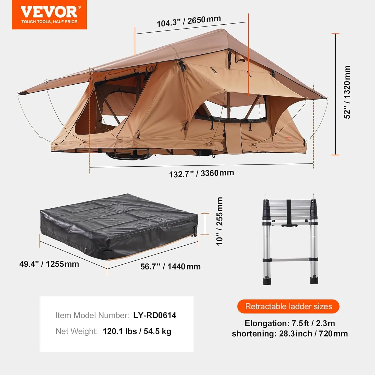 VEVOR Rooftop Tent Hard Shell, Roof Top Tent for Car SUV Truck Jeep Van Camping, Roof Tent with Telescopic Ladder Thick Mattress & LED Strip Light, 2-3 Person Family Camping Tent