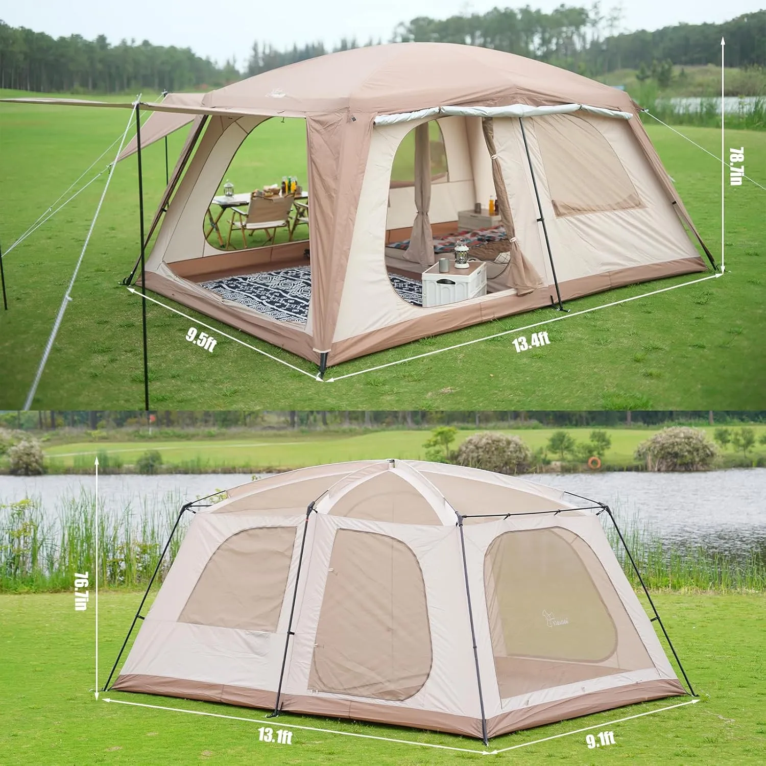 Vidalido 8-10 Person Camping Tent with 3 Door 2 Room Large Family Cabin Tents, Double Layer Waterproof Portable Glamping Tent, Big Tents for Outdoor Picnic Camping Hiking and Family Gathering