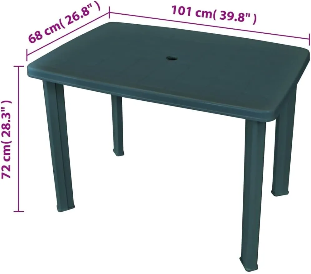 vidaXL Green Patio Table - 39.8 x 26.8 x 28.3 in - Weather-Resistant Plastic for Outdoor Dining- with Umbrella Hole, Lightweight and Easy to Clean