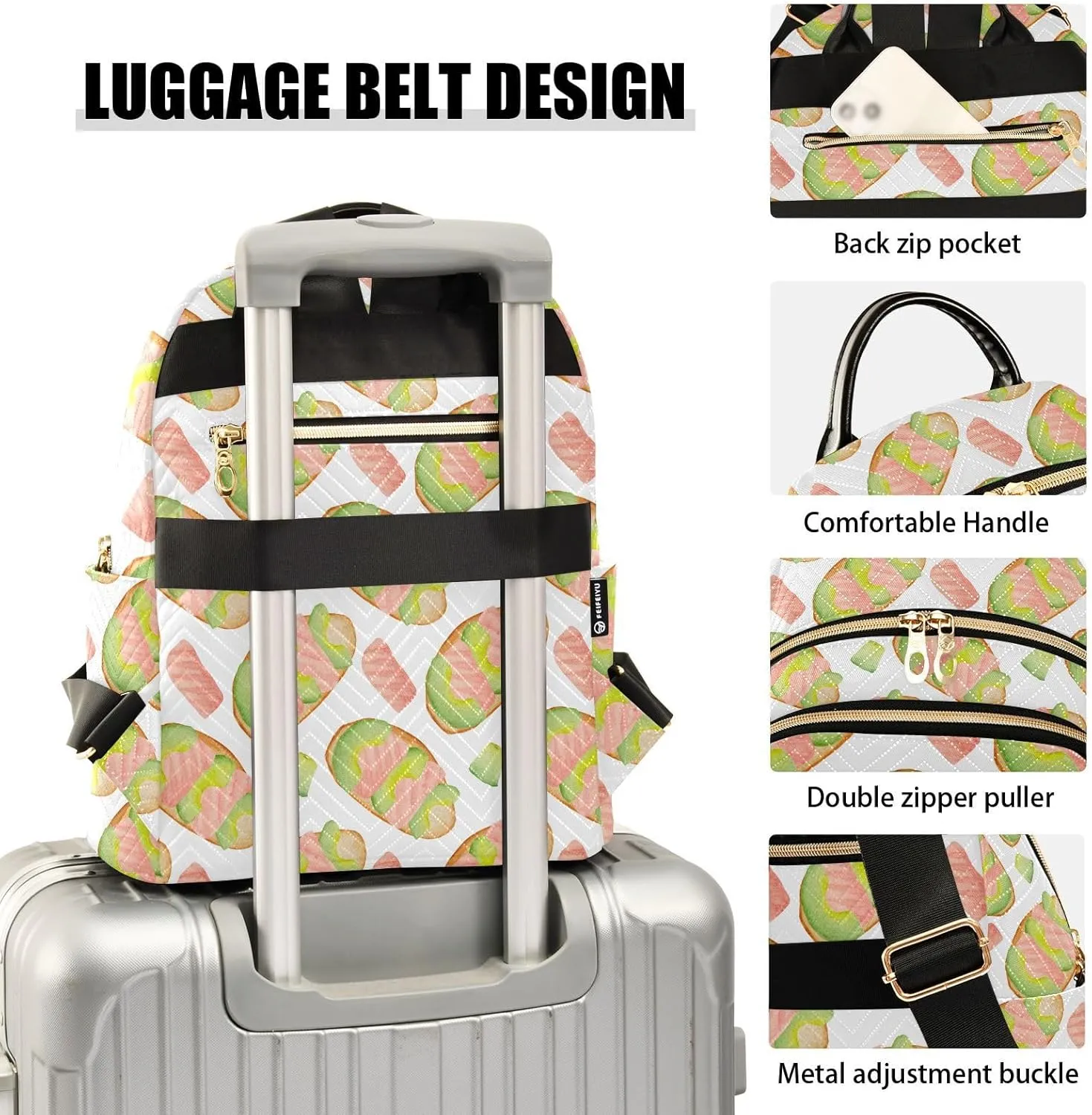 VIGTRO Women Fashion Backpack Quilted Mini Purse Breakfast Salmon Avocado Slices, Lightweight Travel Casual Shoulder Backpack with Adjustable Straps Size M