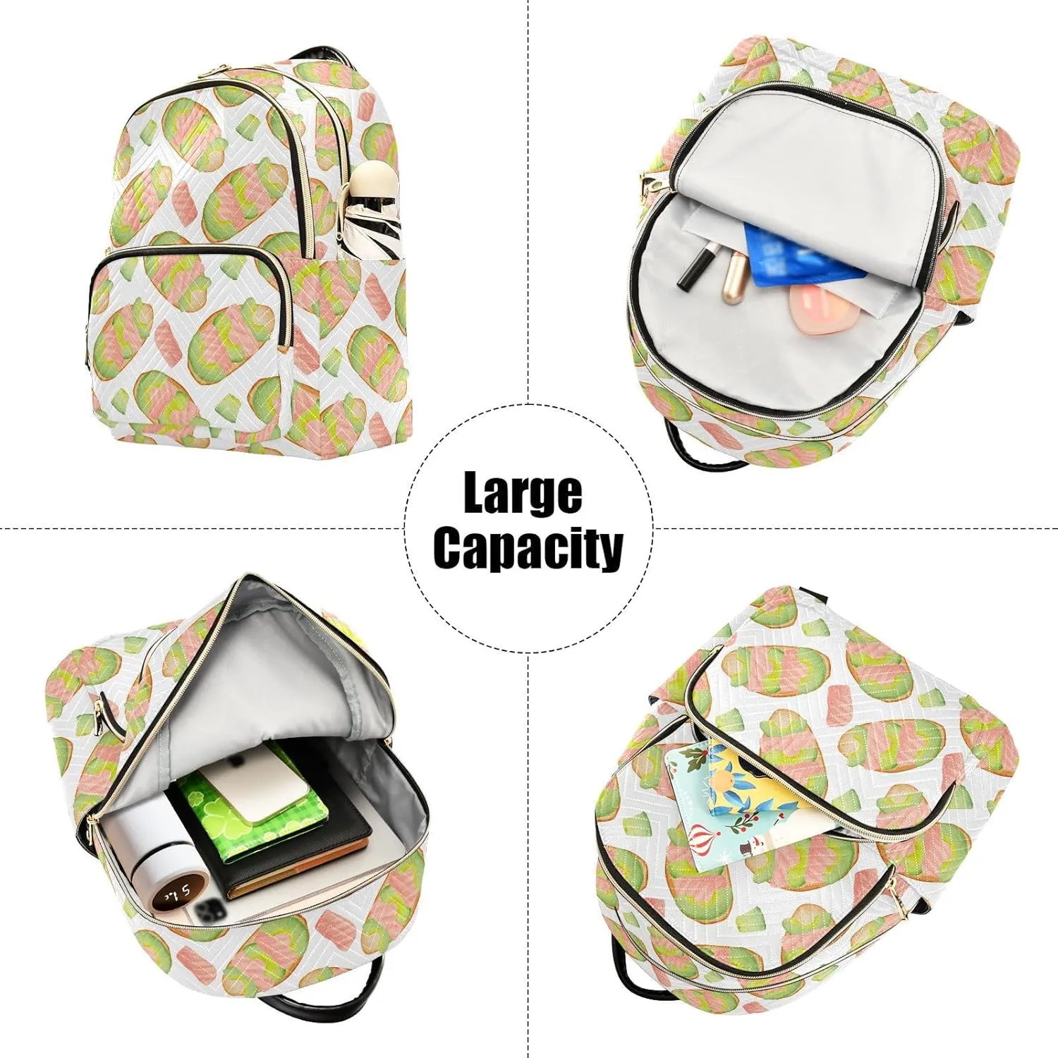 VIGTRO Women Fashion Backpack Quilted Mini Purse Breakfast Salmon Avocado Slices, Lightweight Travel Casual Shoulder Backpack with Adjustable Straps Size M