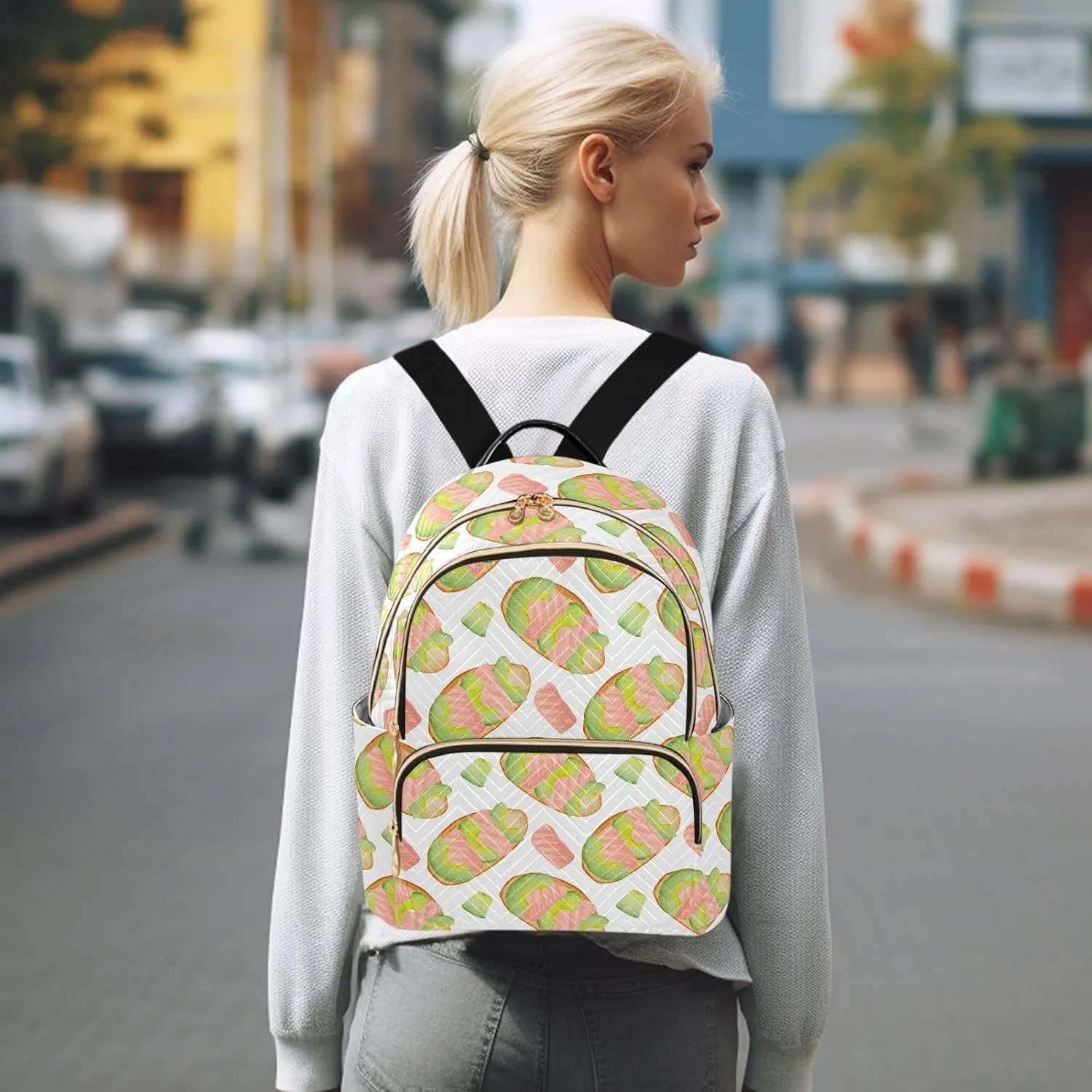 VIGTRO Women Fashion Backpack Quilted Mini Purse Breakfast Salmon Avocado Slices, Lightweight Travel Casual Shoulder Backpack with Adjustable Straps Size M
