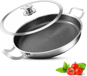 Vinchef 13 Inch Paella Pan, Stainless Steel with Lid, Honeycomb Nonstick Coating, PFOA Free, Oven Safe, Dishwasher Safe, Induction, Gas, Electric Stove Compatible