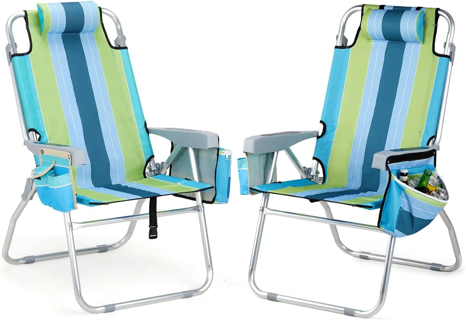 VINGLI 2 Pack Tall Beach Chair, 16" with 5-Position, Cooler Bag, Cup Holders, Towel Bar, Lightweight Folding Beach Camping Chairs for Adults
