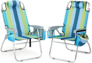 VINGLI 2 Pack Tall Beach Chair, 16" with 5-Position, Cooler Bag, Cup Holders, Towel Bar, Lightweight Folding Beach Camping Chairs for Adults