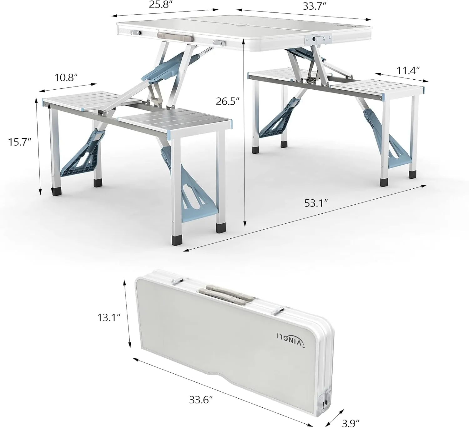 VINGLI 4Ft Folding Camping Picnic Table with Seats/Umbrella Hole-265 Lbs Support That Lightweight and Fold Up Card Suitcase Table Aluminum Alloy Frame, RV Tabletop with Soft Handl