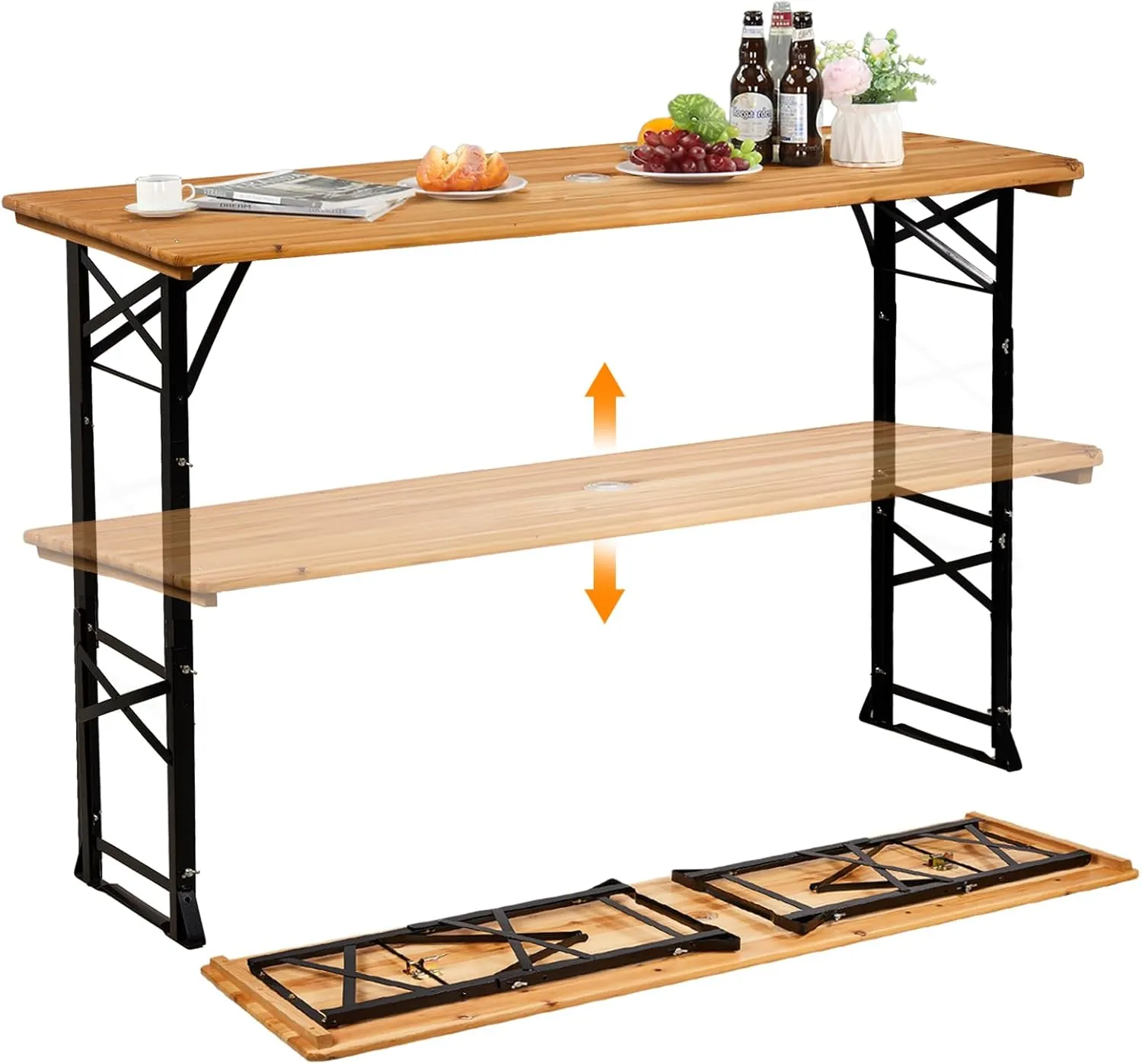 VINGLI 67 Inch Wooden Folding Picnic Table, Picnic Beer Table with Umbrella Hole, Adjustable Heights (29.5" Sitting & 41.5" Standing) – Perfect for Picnics, BBQs, Parties, Bars, and Camping