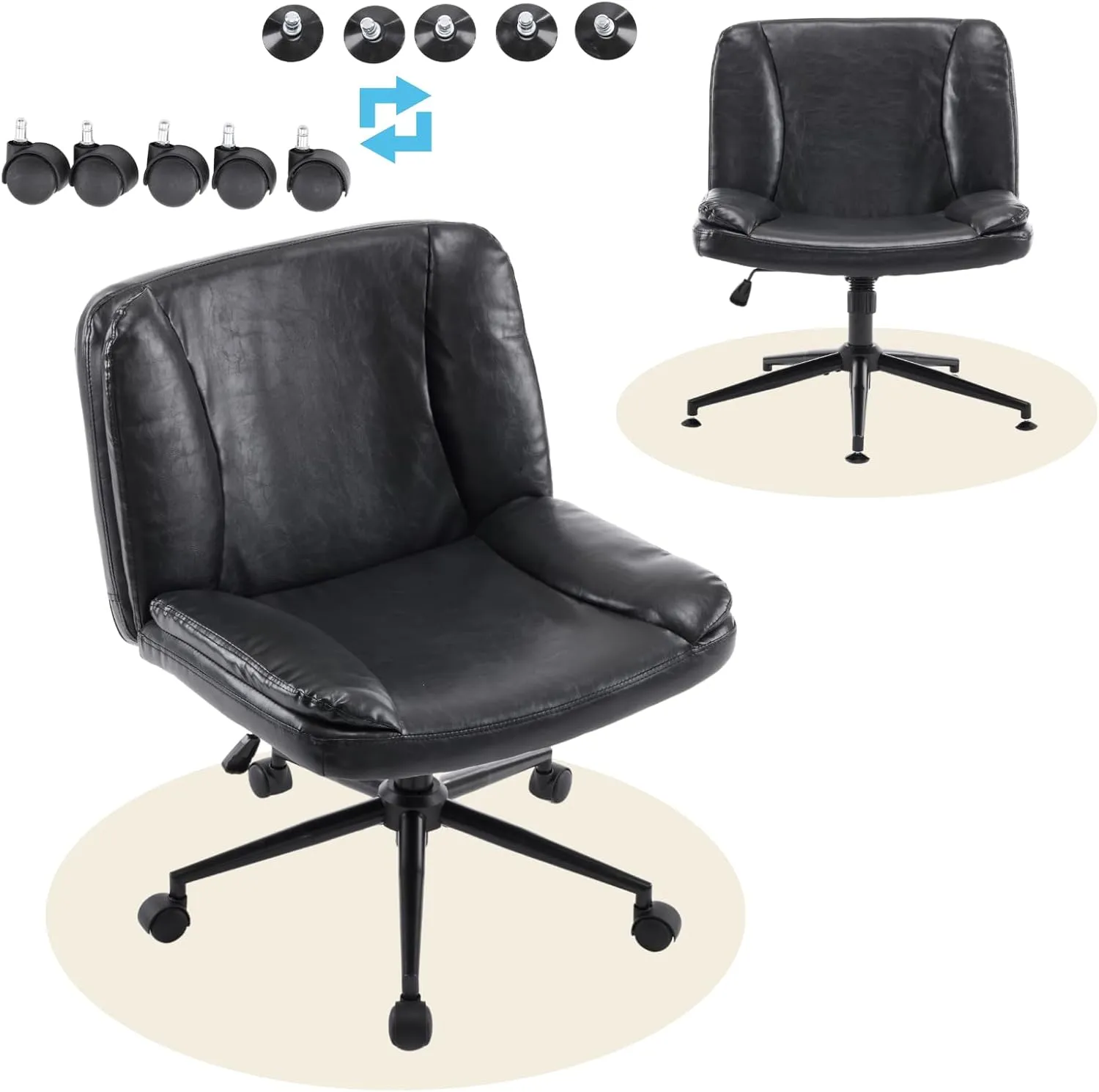 VINGLI Criss Cross Thick Padded Armless Comfy Desk Chair with Dual-Purpose Base,Adjustable Swivel Modern Vanity Chair,Rolling for Home Office, Computer,Task,Makeup,Waxed PU,Black