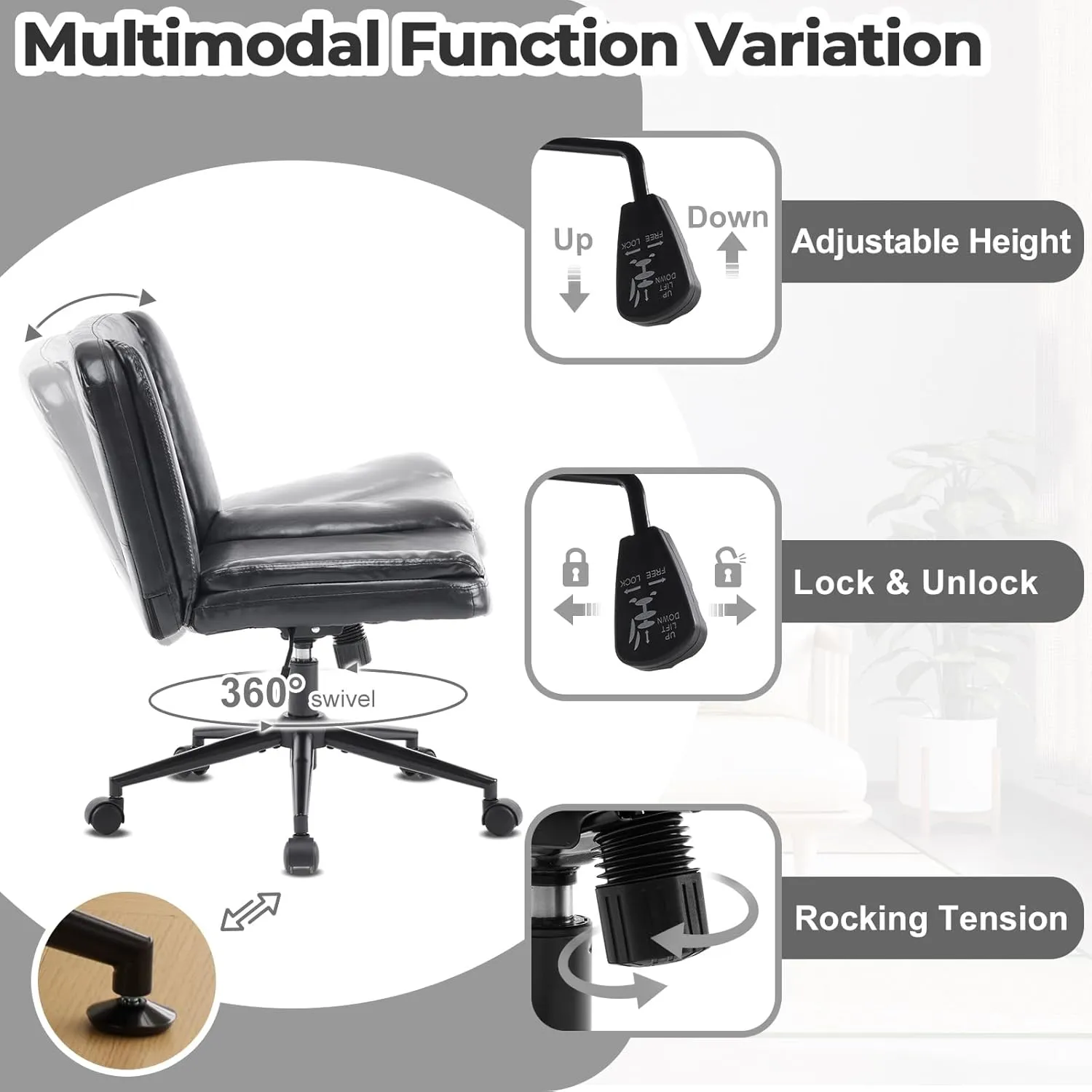 VINGLI Criss Cross Thick Padded Armless Comfy Desk Chair with Dual-Purpose Base,Adjustable Swivel Modern Vanity Chair,Rolling for Home Office, Computer,Task,Makeup,Waxed PU,Black
