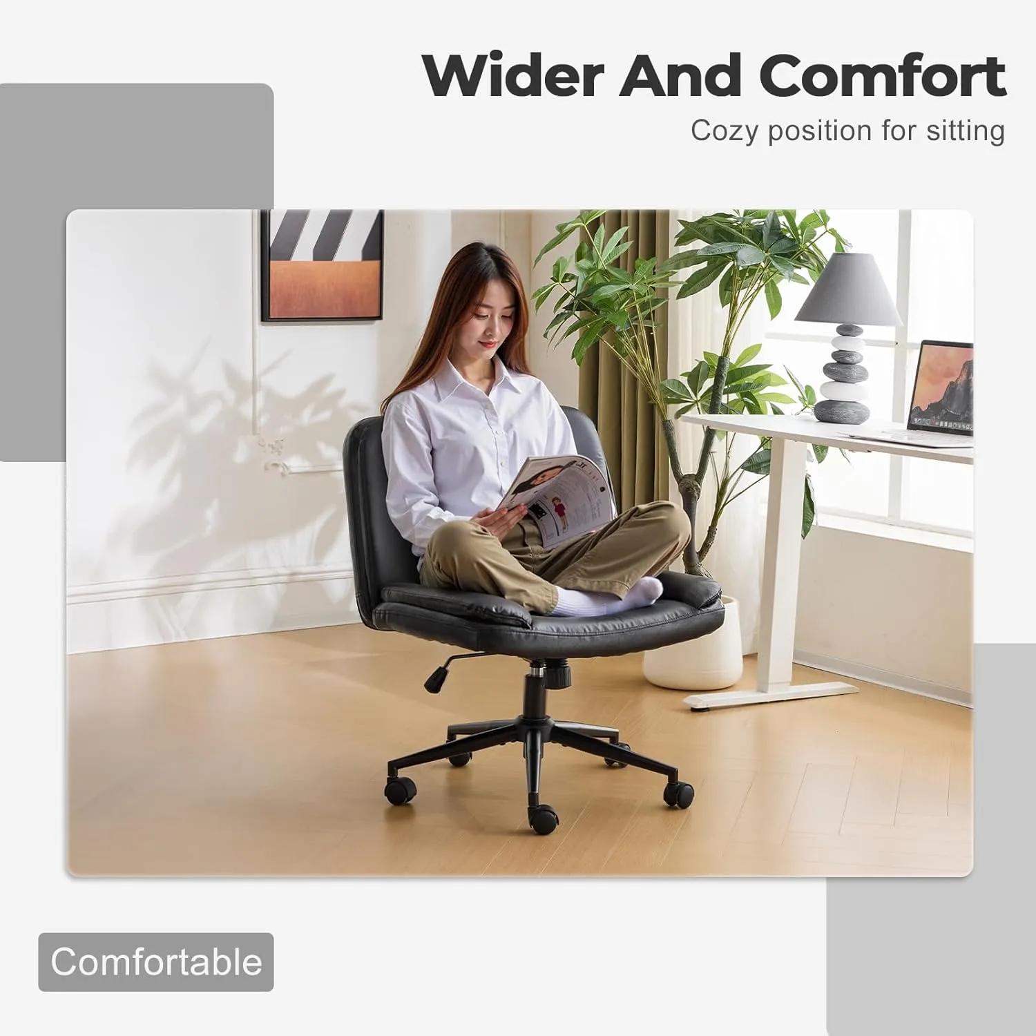 VINGLI Criss Cross Thick Padded Armless Comfy Desk Chair with Dual-Purpose Base,Adjustable Swivel Modern Vanity Chair,Rolling for Home Office, Computer,Task,Makeup,Waxed PU,Black