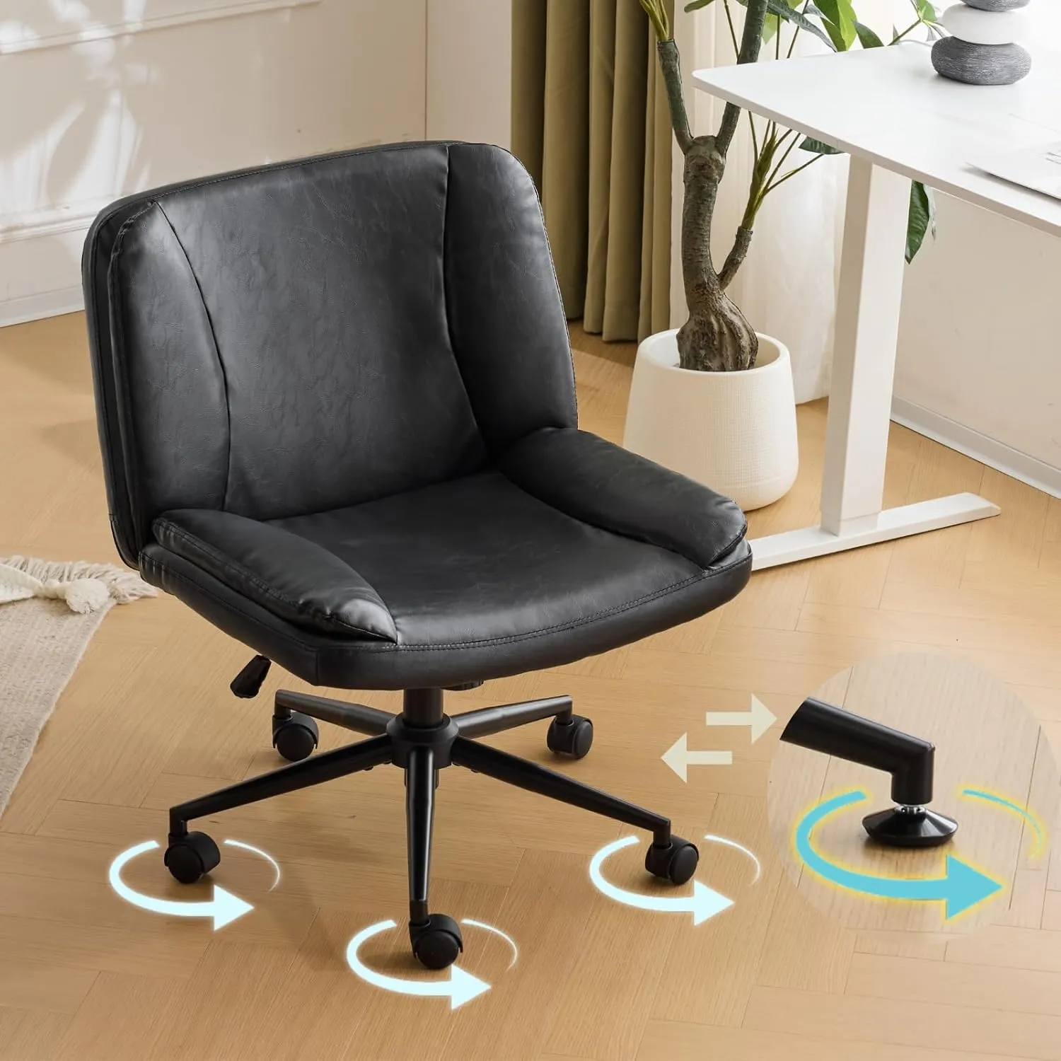 VINGLI Criss Cross Thick Padded Armless Comfy Desk Chair with Dual-Purpose Base,Adjustable Swivel Modern Vanity Chair,Rolling for Home Office, Computer,Task,Makeup,Waxed PU,Black