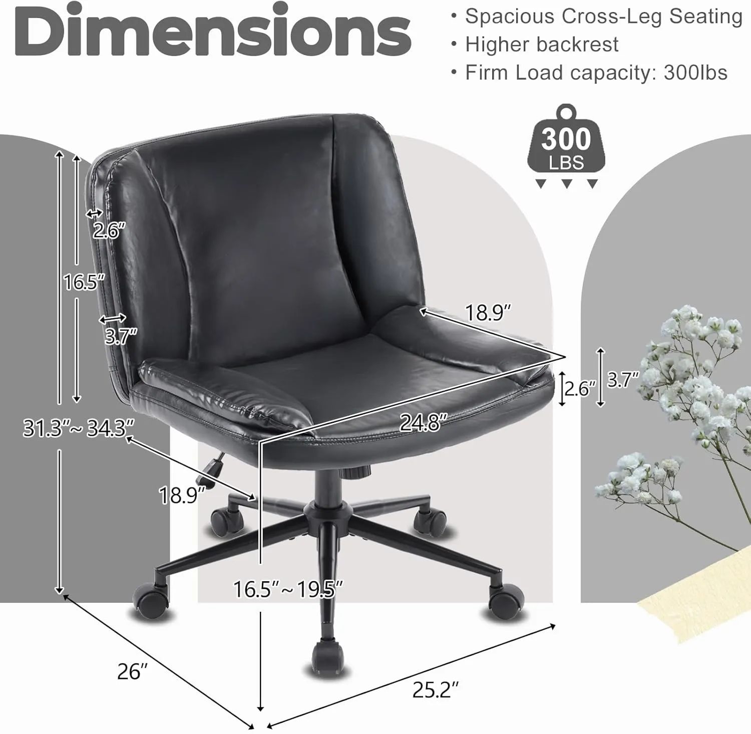 VINGLI Criss Cross Thick Padded Armless Comfy Desk Chair with Dual-Purpose Base,Adjustable Swivel Modern Vanity Chair,Rolling for Home Office, Computer,Task,Makeup,Waxed PU,Black