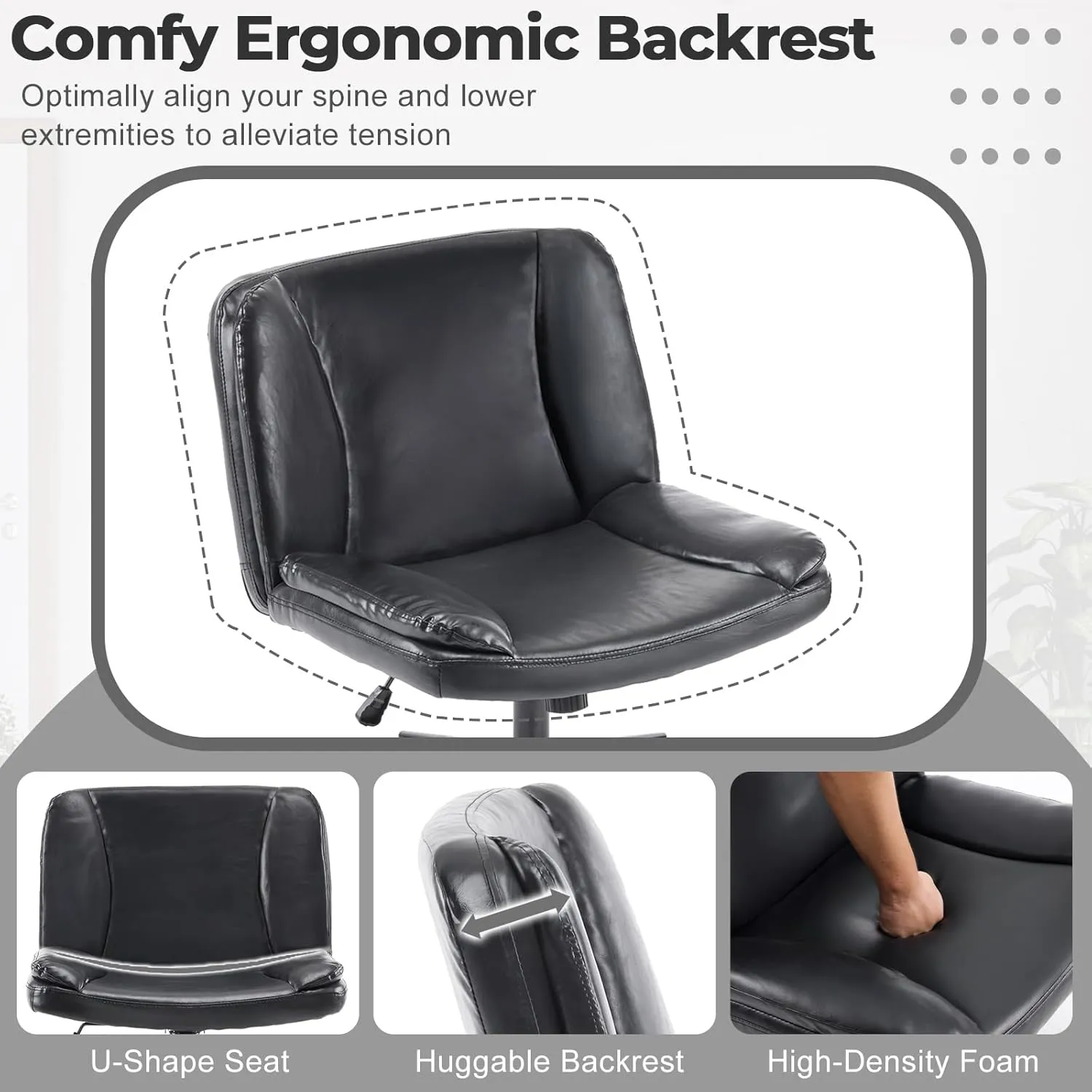 VINGLI Criss Cross Thick Padded Armless Comfy Desk Chair with Dual-Purpose Base,Adjustable Swivel Modern Vanity Chair,Rolling for Home Office, Computer,Task,Makeup,Waxed PU,Black