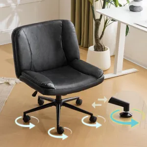 VINGLI Criss Cross Thick Padded Armless Comfy Desk Chair with Dual-Purpose Base,Adjustable Swivel Modern Vanity Chair,Rolling for Home Office, Computer,Task,Makeup,Waxed PU,Black