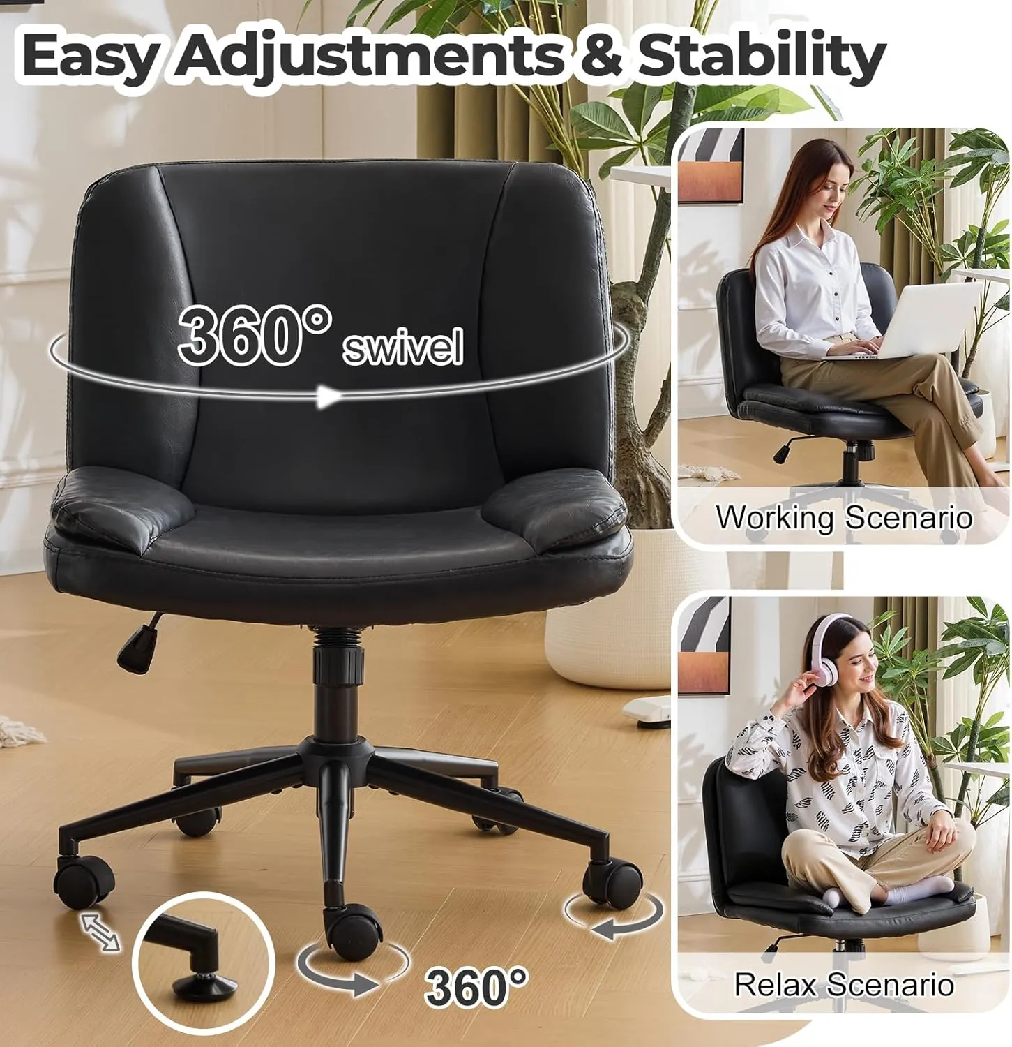 VINGLI Criss Cross Thick Padded Armless Comfy Desk Chair with Dual-Purpose Base,Adjustable Swivel Modern Vanity Chair,Rolling for Home Office, Computer,Task,Makeup,Waxed PU,Black