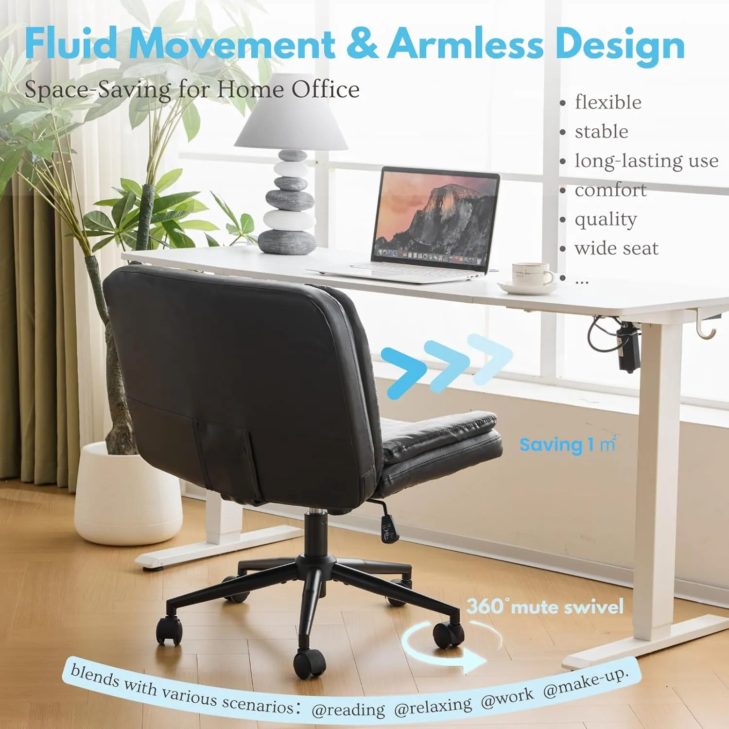 VINGLI Criss Cross Thick Padded Armless Comfy Desk Chair with Dual-Purpose Base,Adjustable Swivel Modern Vanity Chair,Rolling for Home Office, Computer,Task,Makeup,Waxed PU,Black