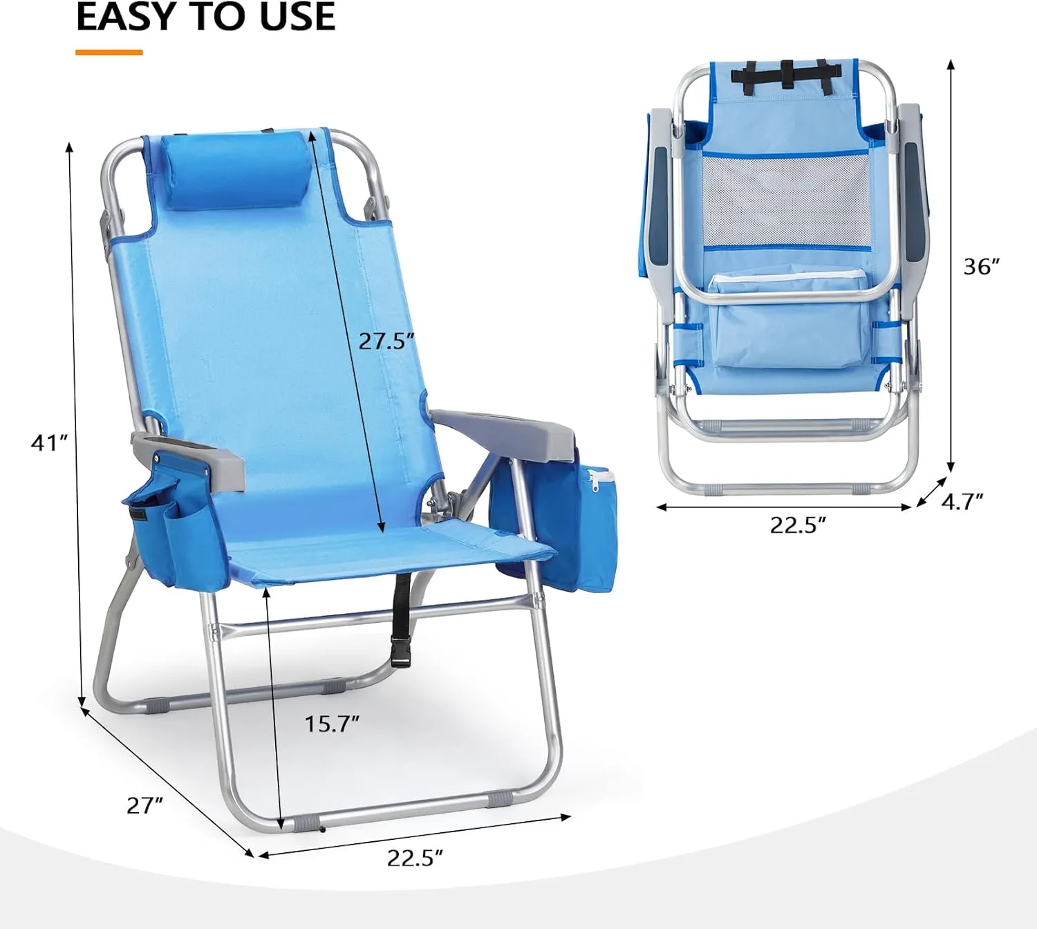 VINGLI Tall Beach Chair 2 Pack, with 5-Position, Cooler Bag, Cup Holders, Towel Bar, Lightweight Folding Beach Camping Chairs for Adults
