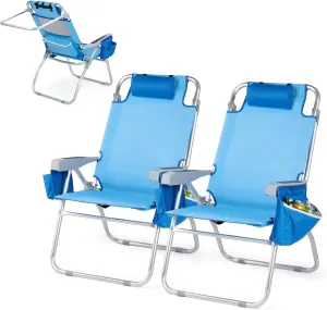 VINGLI Tall Beach Chair 2 Pack, with 5-Position, Cooler Bag, Cup Holders, Towel Bar, Lightweight Folding Beach Camping Chairs for Adults