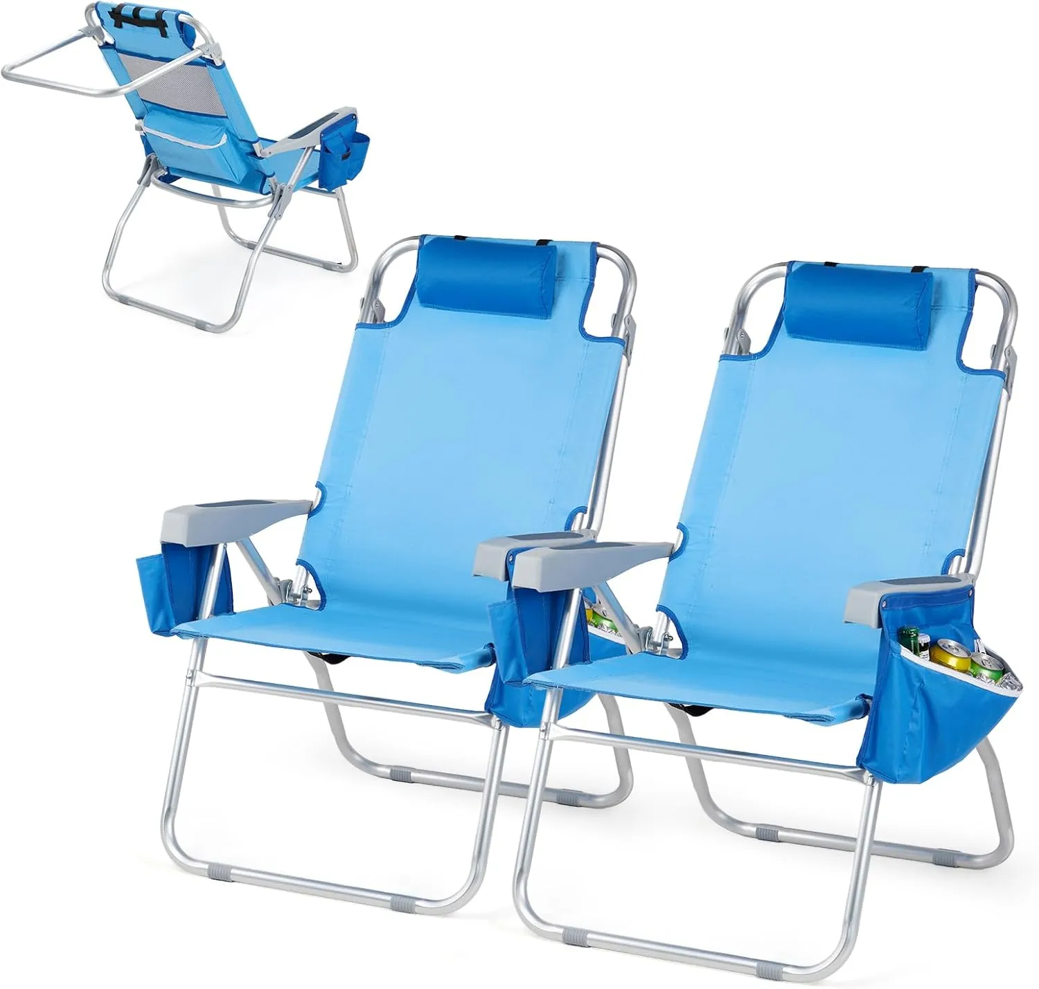VINGLI Tall Beach Chair 2 Pack, with 5-Position, Cooler Bag, Cup Holders, Towel Bar, Lightweight Folding Beach Camping Chairs for Adults