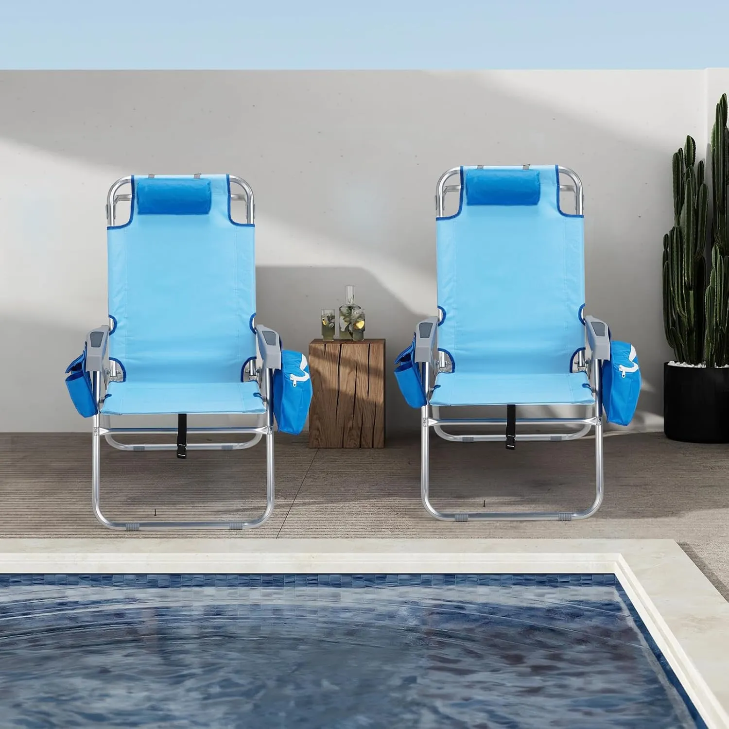 VINGLI Tall Beach Chair 2 Pack, with 5-Position, Cooler Bag, Cup Holders, Towel Bar, Lightweight Folding Beach Camping Chairs for Adults