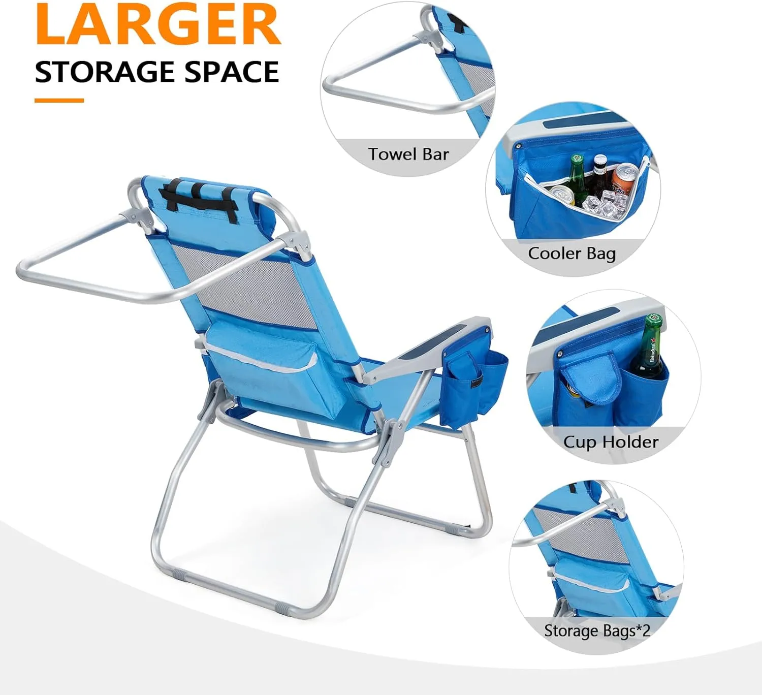 VINGLI Tall Beach Chair 2 Pack, with 5-Position, Cooler Bag, Cup Holders, Towel Bar, Lightweight Folding Beach Camping Chairs for Adults