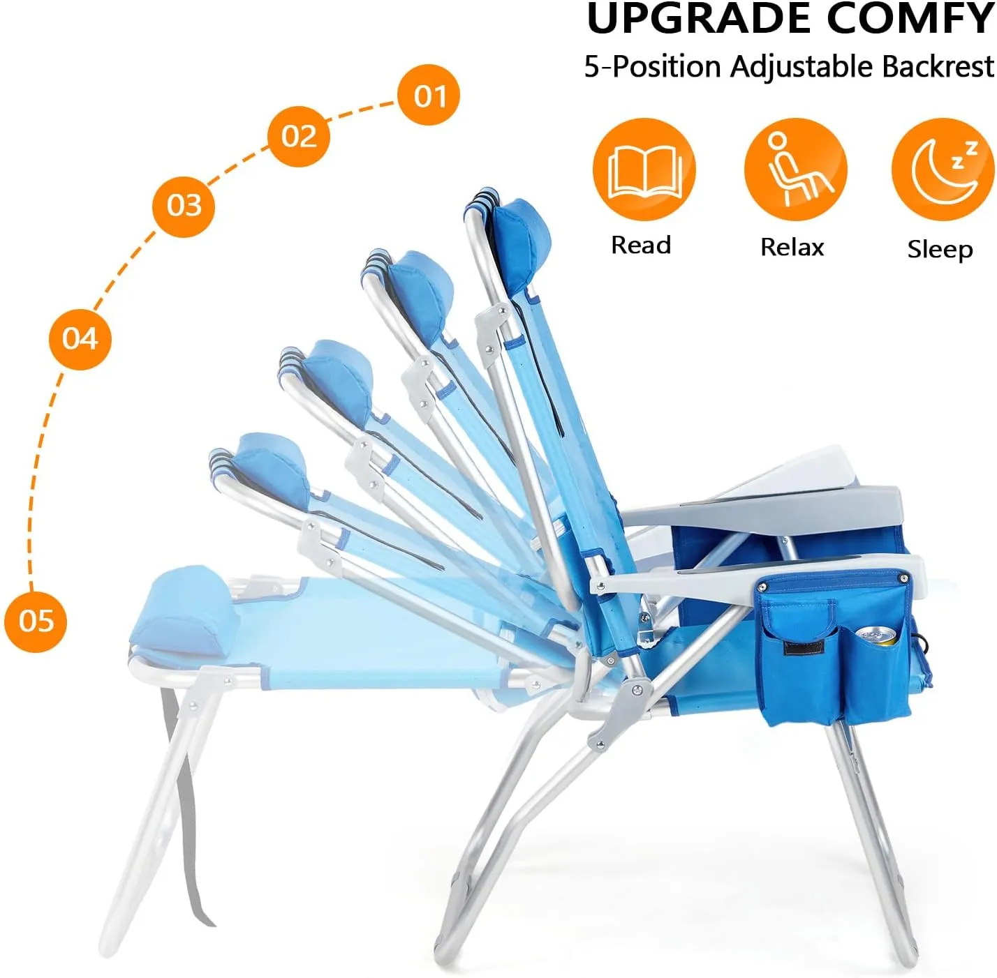 VINGLI Tall Beach Chair 2 Pack, with 5-Position, Cooler Bag, Cup Holders, Towel Bar, Lightweight Folding Beach Camping Chairs for Adults