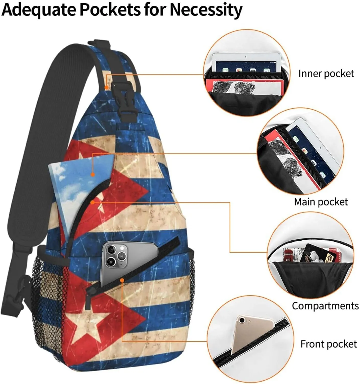 Vintage Cuban Flag Crossbody Bag Cross Chest Bag Adjustable Sling Backpack Sports Gym Shoulder Bags Travel Cycling Daypack Diagonally Casual Rucksack