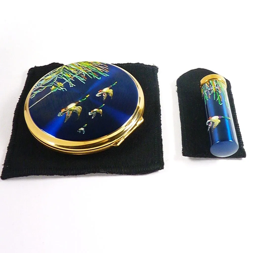 Vintage Unused Stratton Flying Ducks Compact And Lipstick Tube Set 1960s