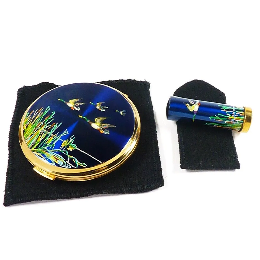 Vintage Unused Stratton Flying Ducks Compact And Lipstick Tube Set 1960s
