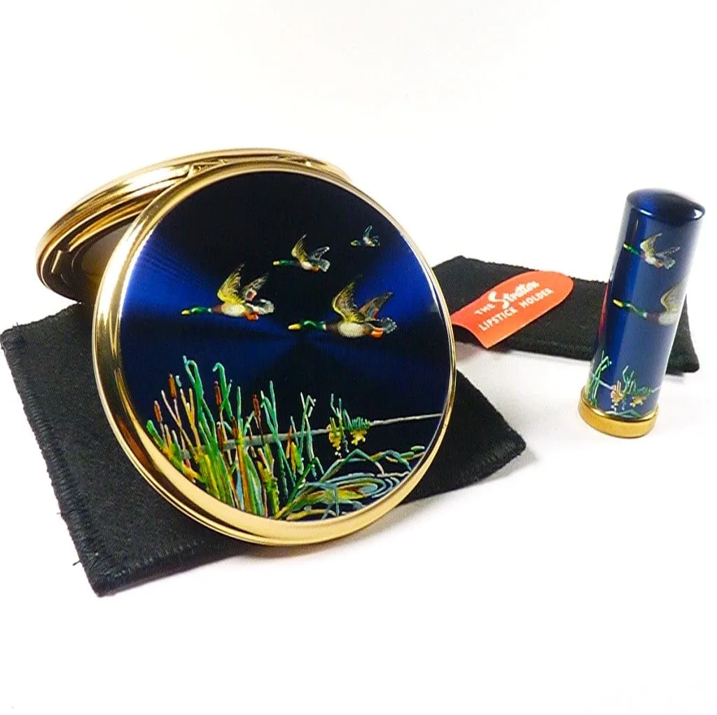 Vintage Unused Stratton Flying Ducks Compact And Lipstick Tube Set 1960s