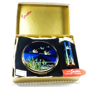 Vintage Unused Stratton Flying Ducks Compact And Lipstick Tube Set 1960s