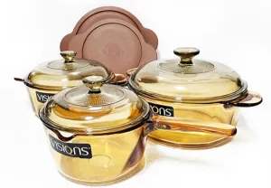 Visions VS-338 Glass Cookware Set - 3-Piece Non-Porous Glass Pot Set with Lids, Heat-Resistant, Stovetop & Oven Safe, Transparent Design for Easy Monitoring - Includes 1.5L, 1.25L, 2.25L Pots