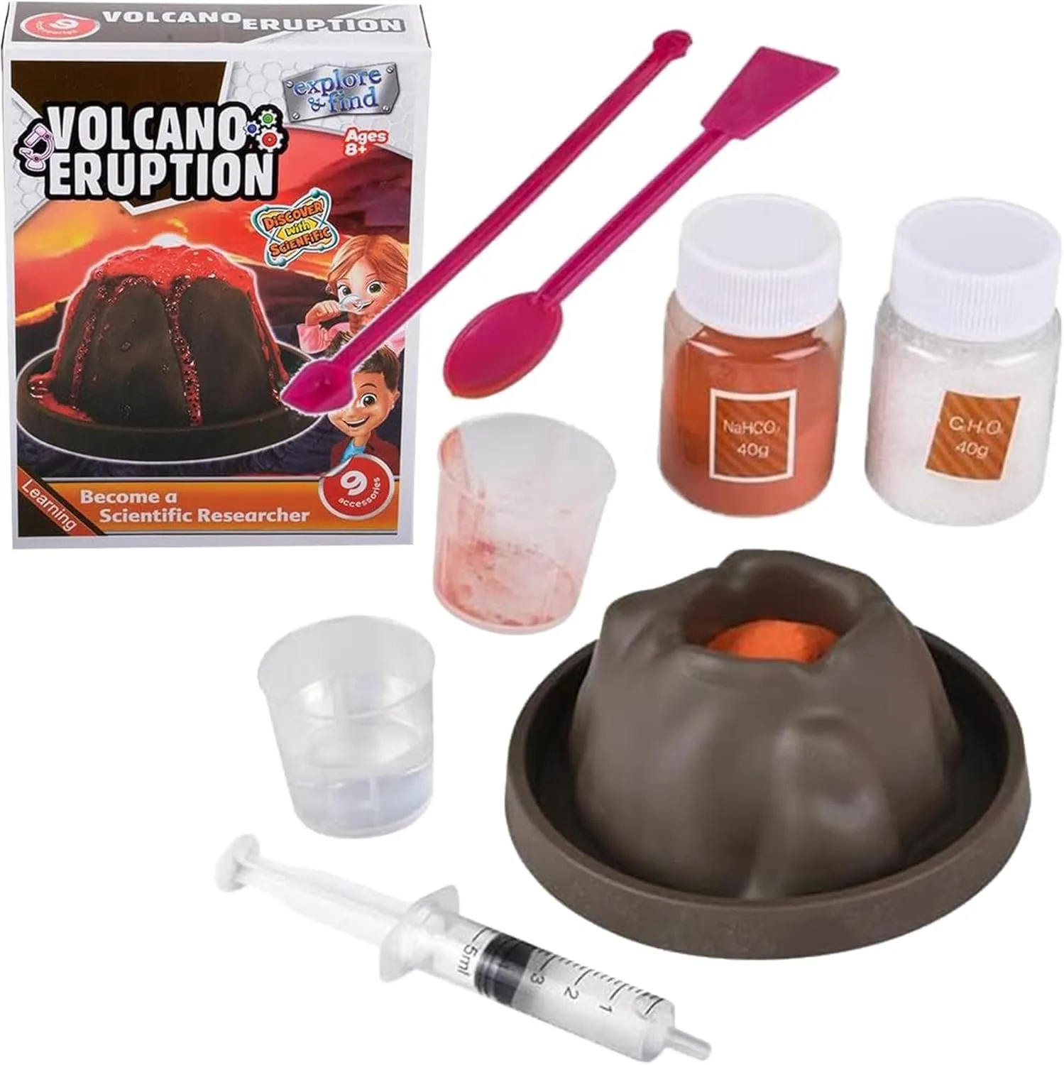 Volcano Science Kit for Kids 8-12 or Above- 9 Pcs Complete Volcano Kit Including NaHCO, C H O Powder, Eye Protection Masks and More- Safe, Non-Toxic Volcano Toys for Kids- Science Learning Games