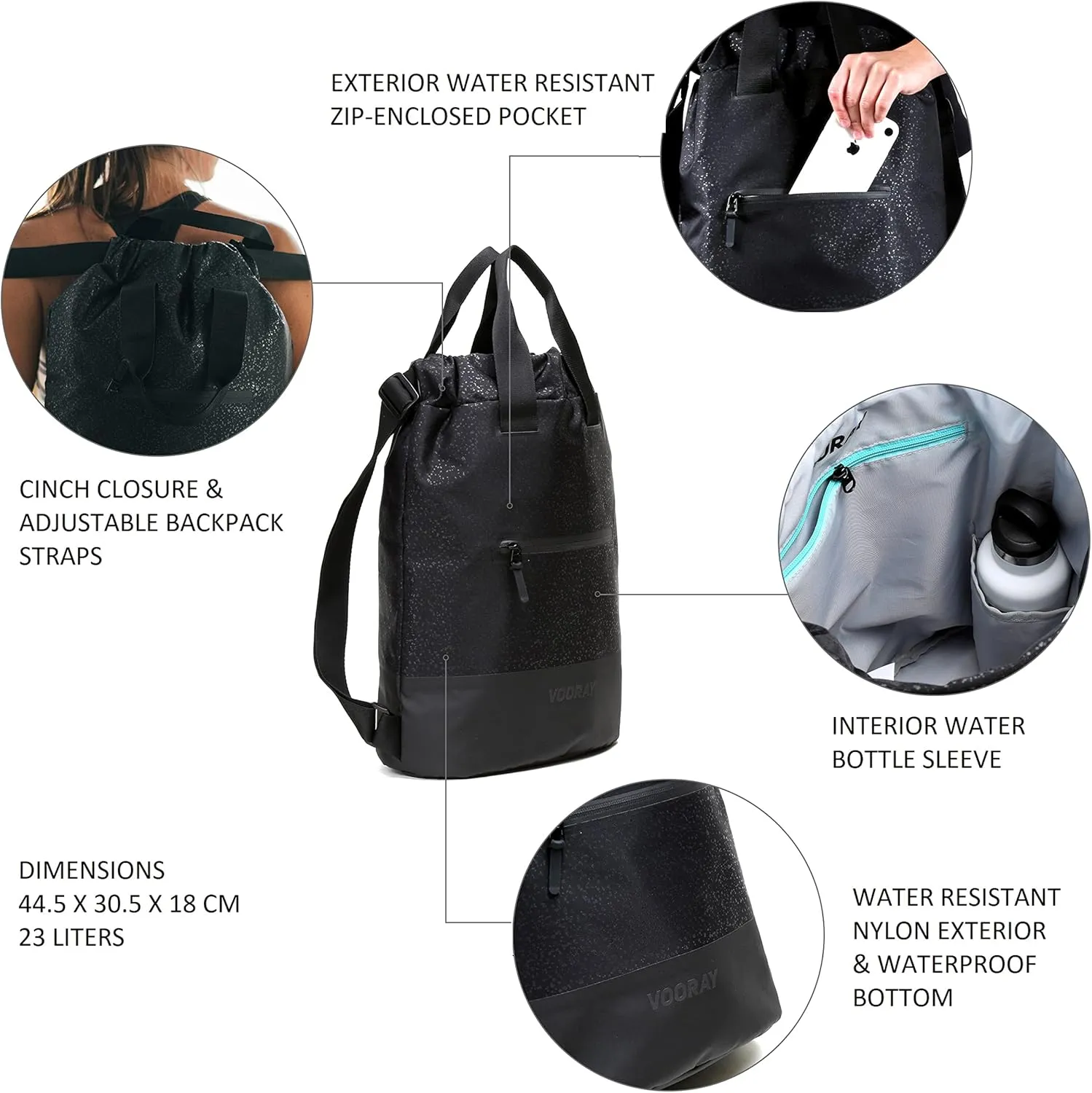 VOORAY 23L Flex Cinch Drawstring Backpack – Lightweight Travel Bag, Sports Gym Bag for Women and Men, Weekender Bag
