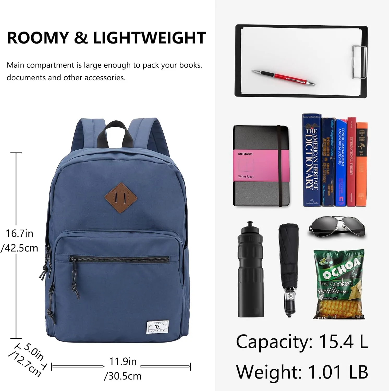 VX VONXURY School Backpack for Men Women,Lightweight Classic Basic Bookbag Simple Kids Black Backpack for College Travel