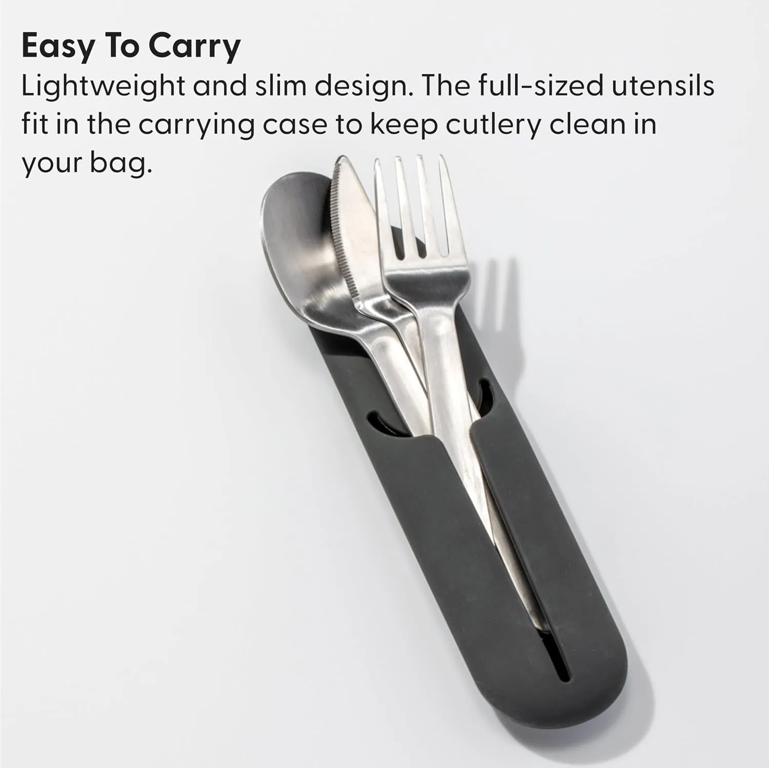 W&P Porter Stainless Steel Utensils with Silicone Carrying Case | Charcoal | Spoon, Fork & Knife for Meals on the Go | Portable and Compact Set