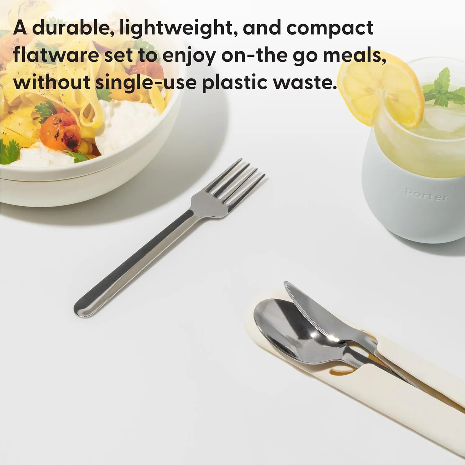 W&P Porter Stainless Steel Utensils with Silicone Carrying Case | Charcoal | Spoon, Fork & Knife for Meals on the Go | Portable and Compact Set